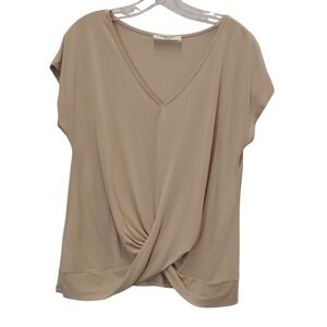 DOUBLE ZERO Twist Front V Neck Short Sleeve Tunic Top Beige Large Hi Low Hem
